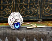 Steampunk Tie Tack Watch Movement with Sapphire Blue Swarovski Crystal Rhinestone Pin0059 by Robin Delargy LooLoo's Box