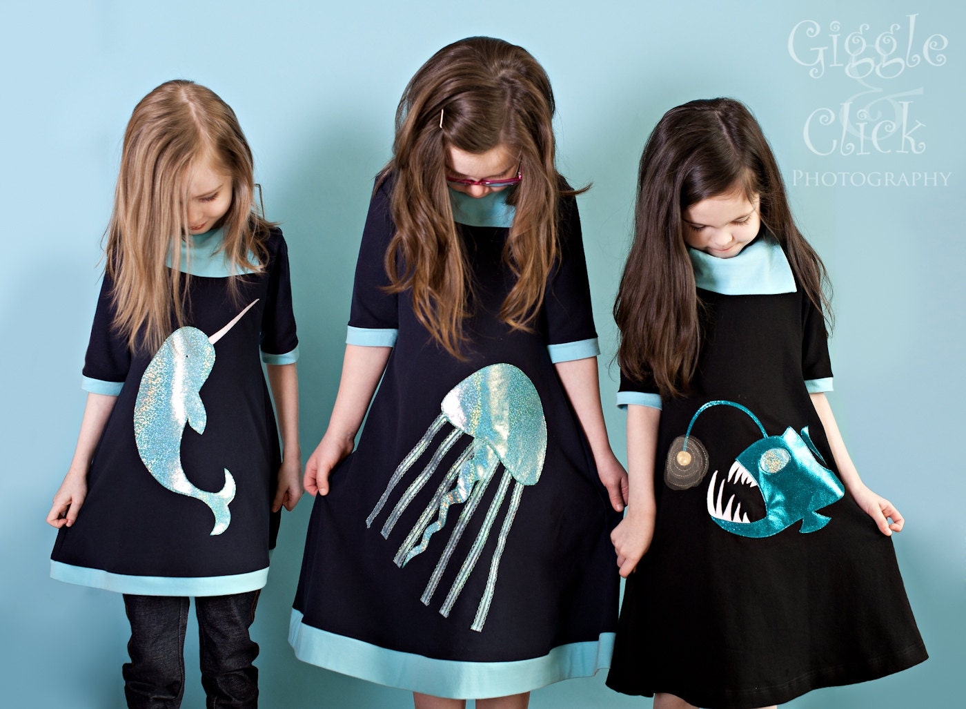 3 piece collection, Sea Life Dresses, Narwhal, Jellyfish, Angler fish,  childrens clothing, 2T, 3T, 4T, 5, 6, 7, 8, 10, 12, 14