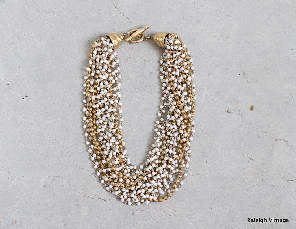 Vintage 1980s Necklace : 80s White and Gold Beaded Choker Necklace