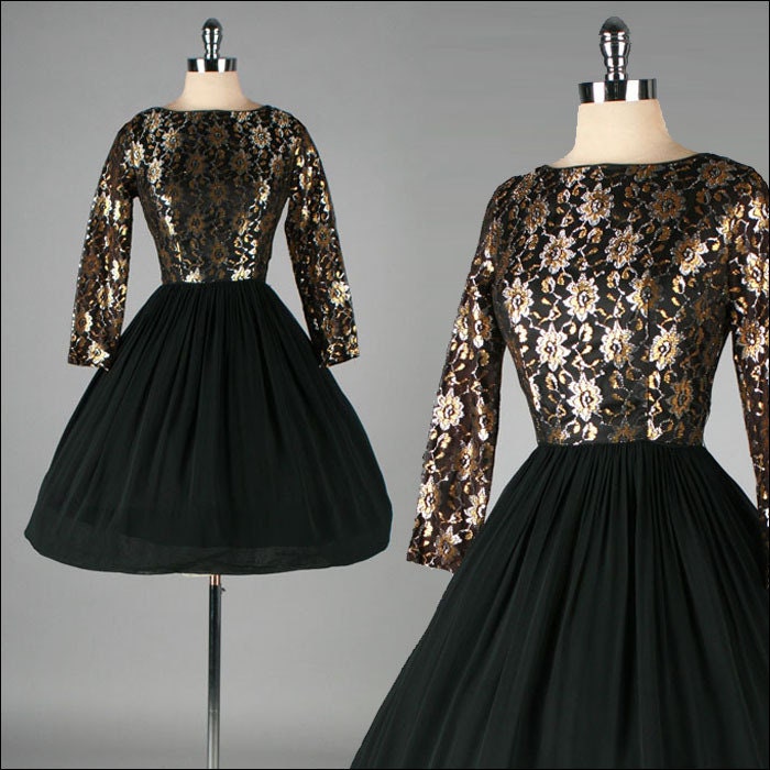 Vintage 1950s Dress . Black Crepe . Metallic Lace . 3038