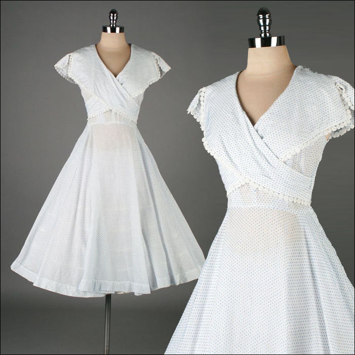 vintage 1950s dress . DOROTHY HUBBS . white cotton swiss dot . 3400