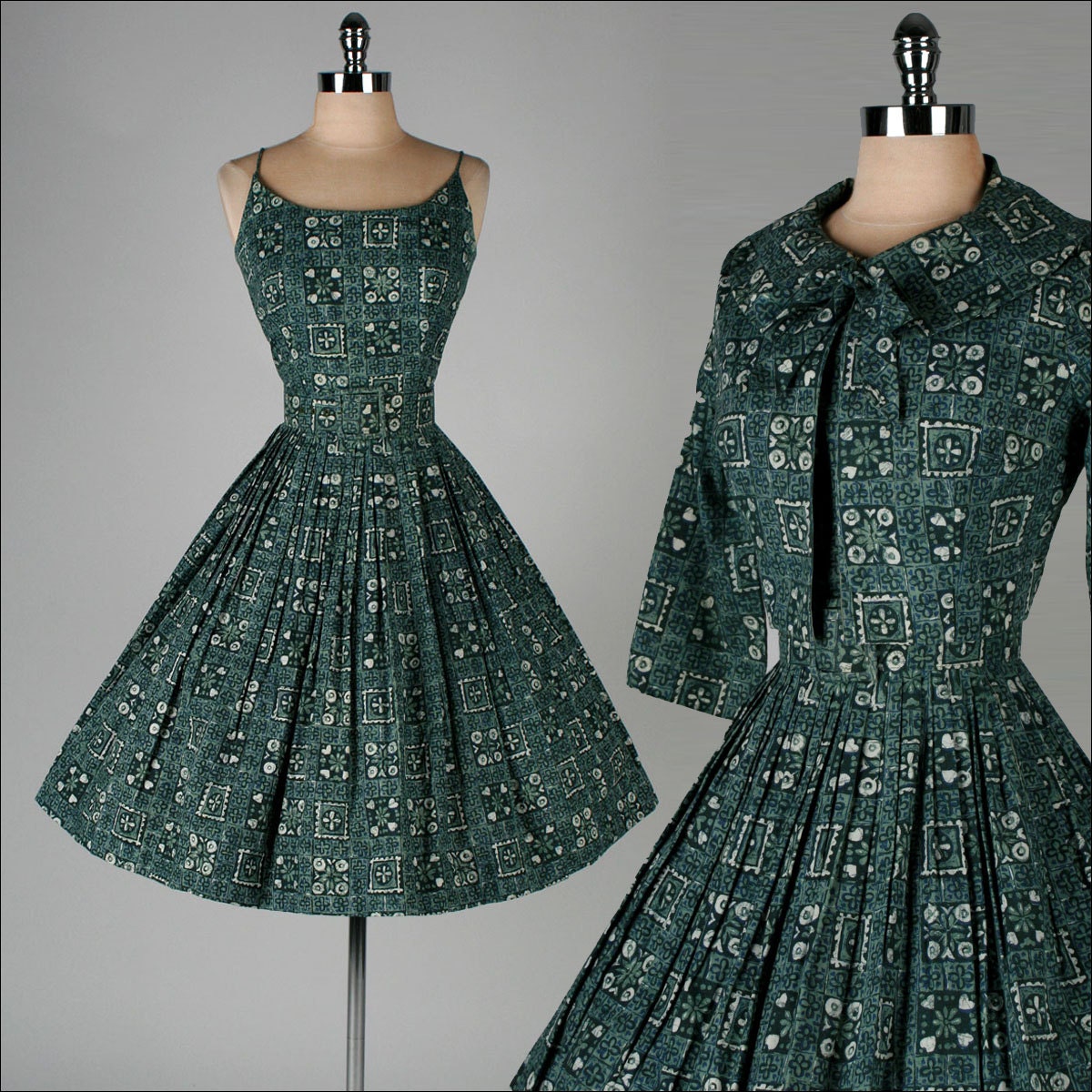vintage 1950s dress . PARADE NY . green cotton . 3-pc set . 3423