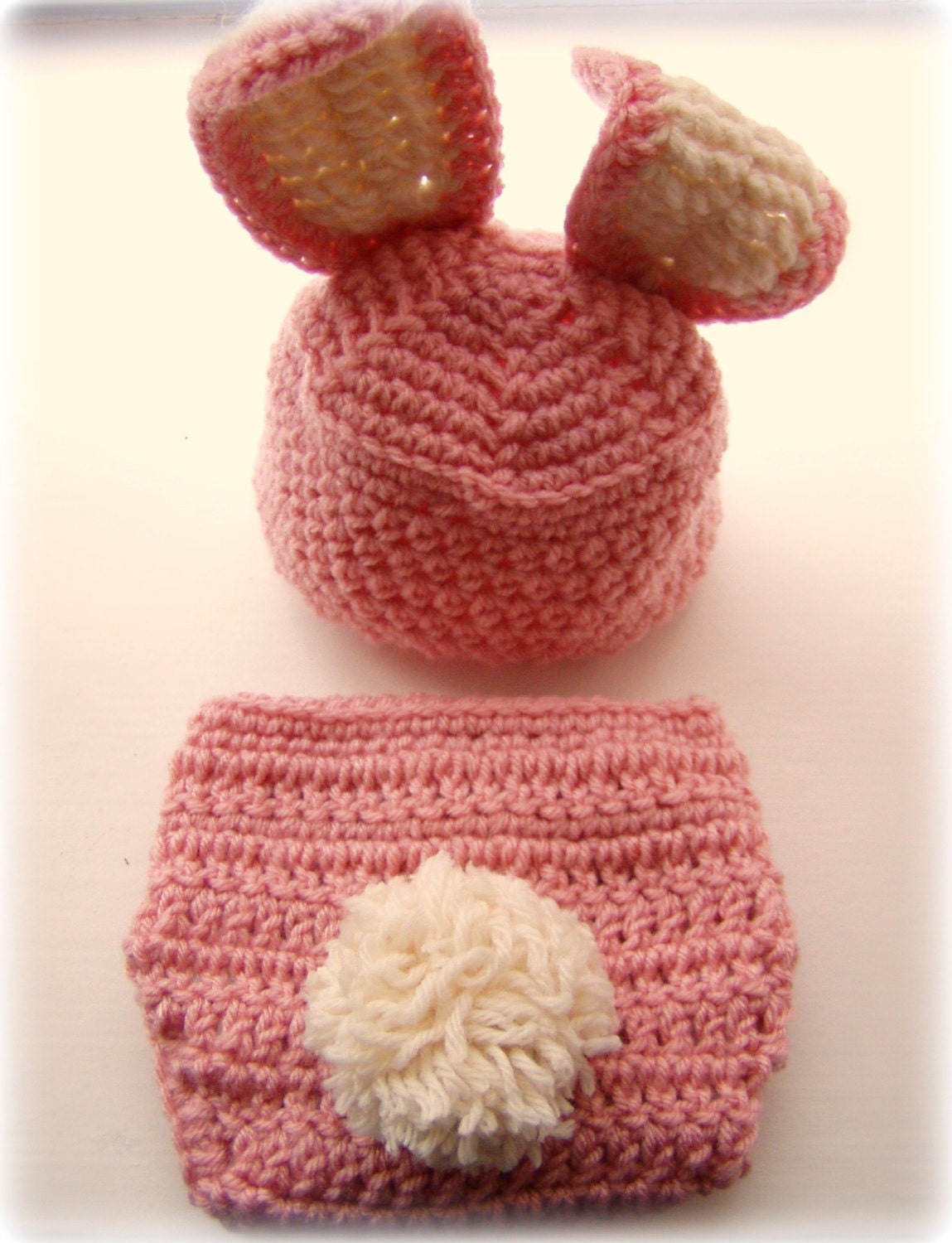 Baby Bunny Hat and Diaper Cover Set in Pink and Off White 0-3 Months