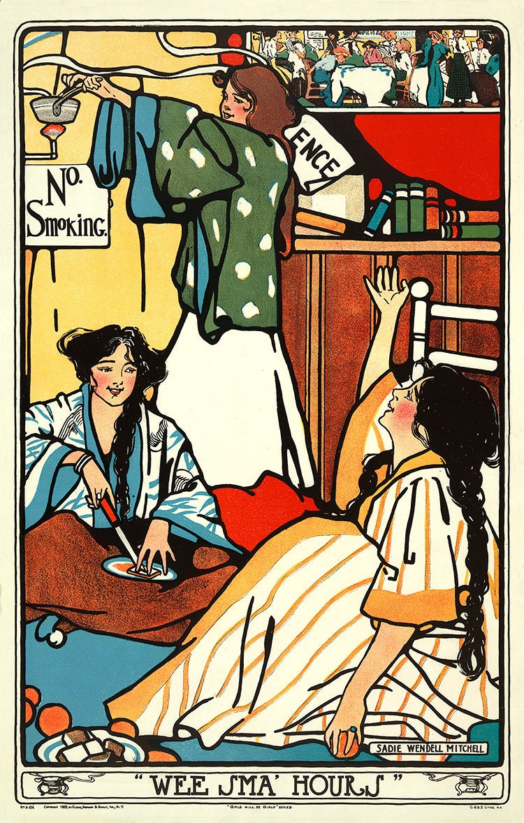 Reproduction of  Vintage Sadie Wendell Mitchell Poster "Wee Sma' Hours" Girls Will Be Girls- 11" x 17"