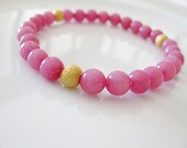 Pink Quartz & Gold Stardust Beads Elastic Bracelet - Stacking Layering Valentine