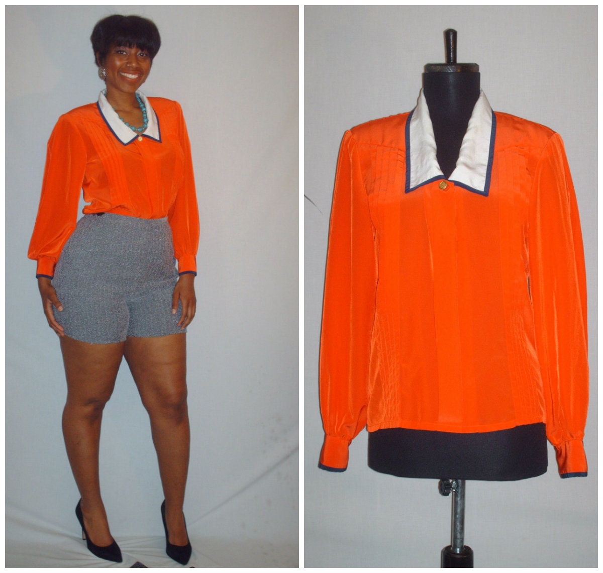 Vintage 1980s Bright Orange Blouse Bishop Sleeve