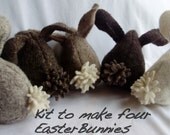 Kit to make Four Recycled Wool Felt Bunnies Easy to Moderate Pastel Bright or Natural Colors