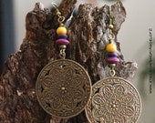 Colored Wood Bohemian Earrings - Mandala Metal Pendant