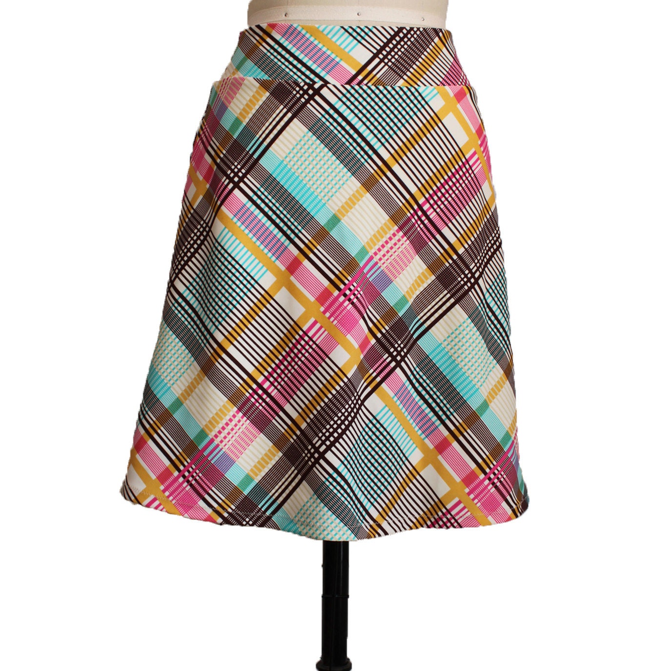 Beach Skirt, Bias Stripe Plaid Print Jersey Knit Travel Skirt, "Candy" Skirt