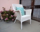 SALE-Mid Century Modern White Wicker Chair with Blue Butterfly Pillow  (Los Angeles)