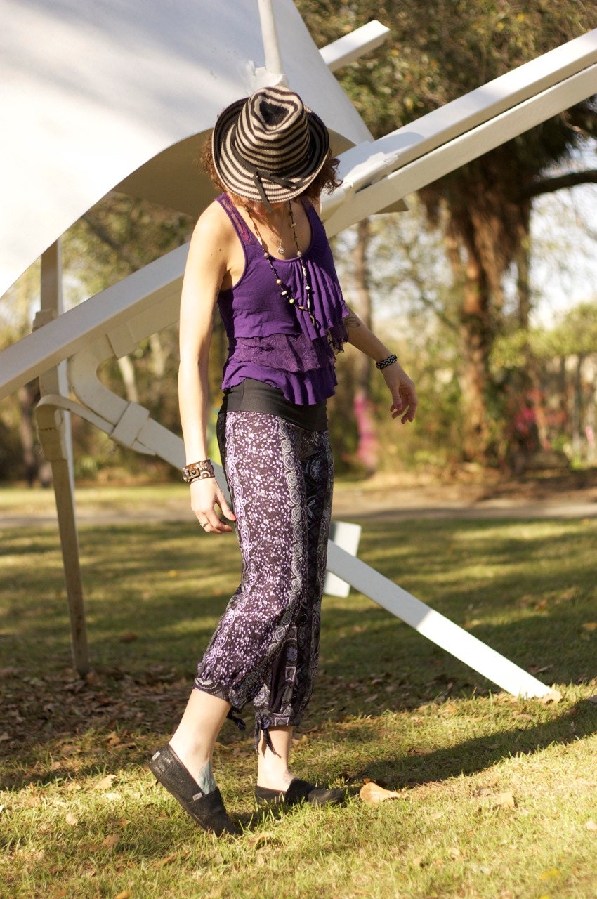 SALE /// GeNie crop PANTS -- Womens clothing // purple grey black aztec geometric unique pants -- dance hula hoop yoga summer festivals