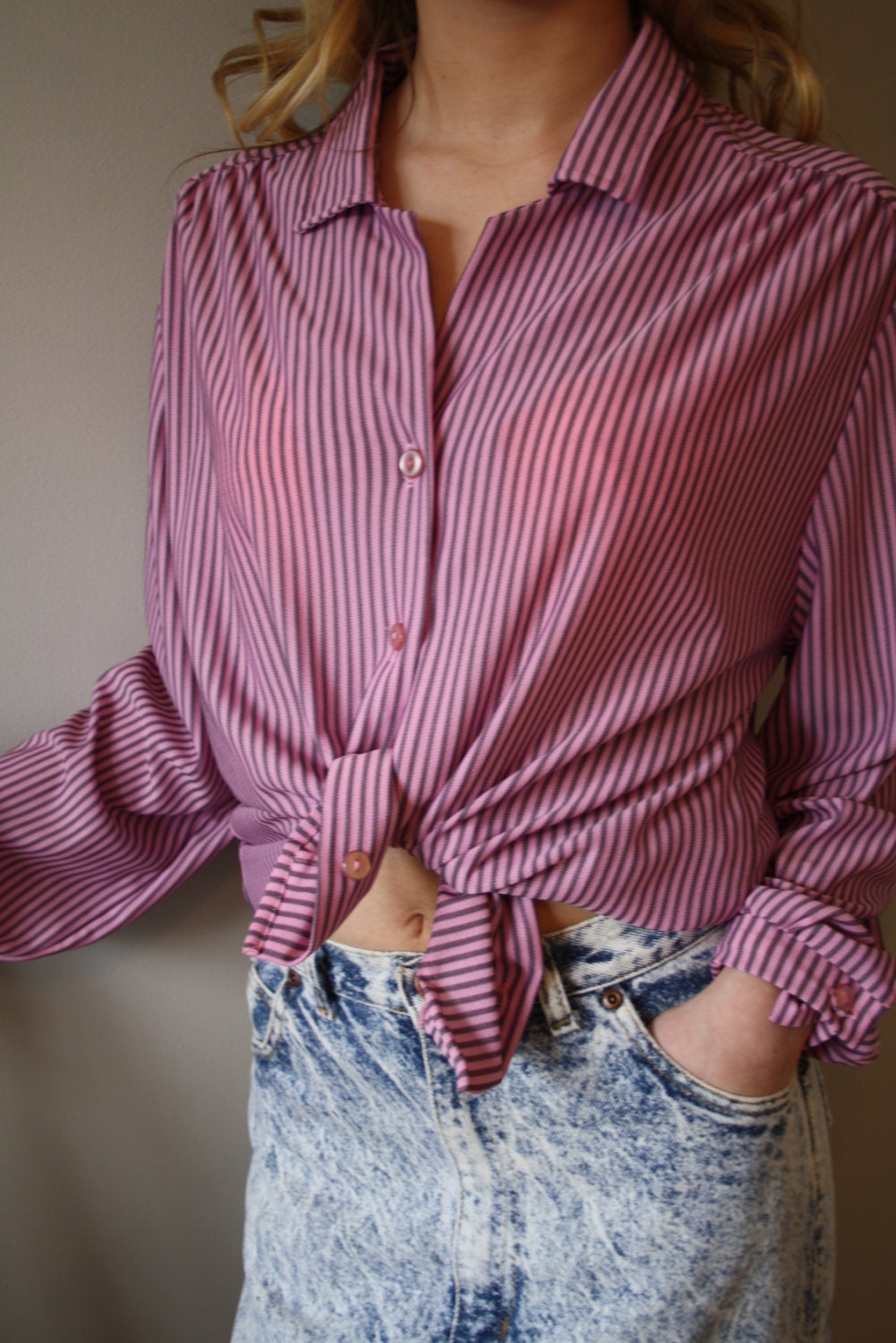 vintage 80s striped blouse top shirt pink grey gray plus size oversize