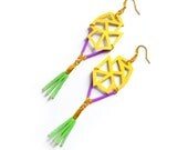 Neon Fringe Leather Earrings Tribal Triangles Faceted Geometric Jewelry