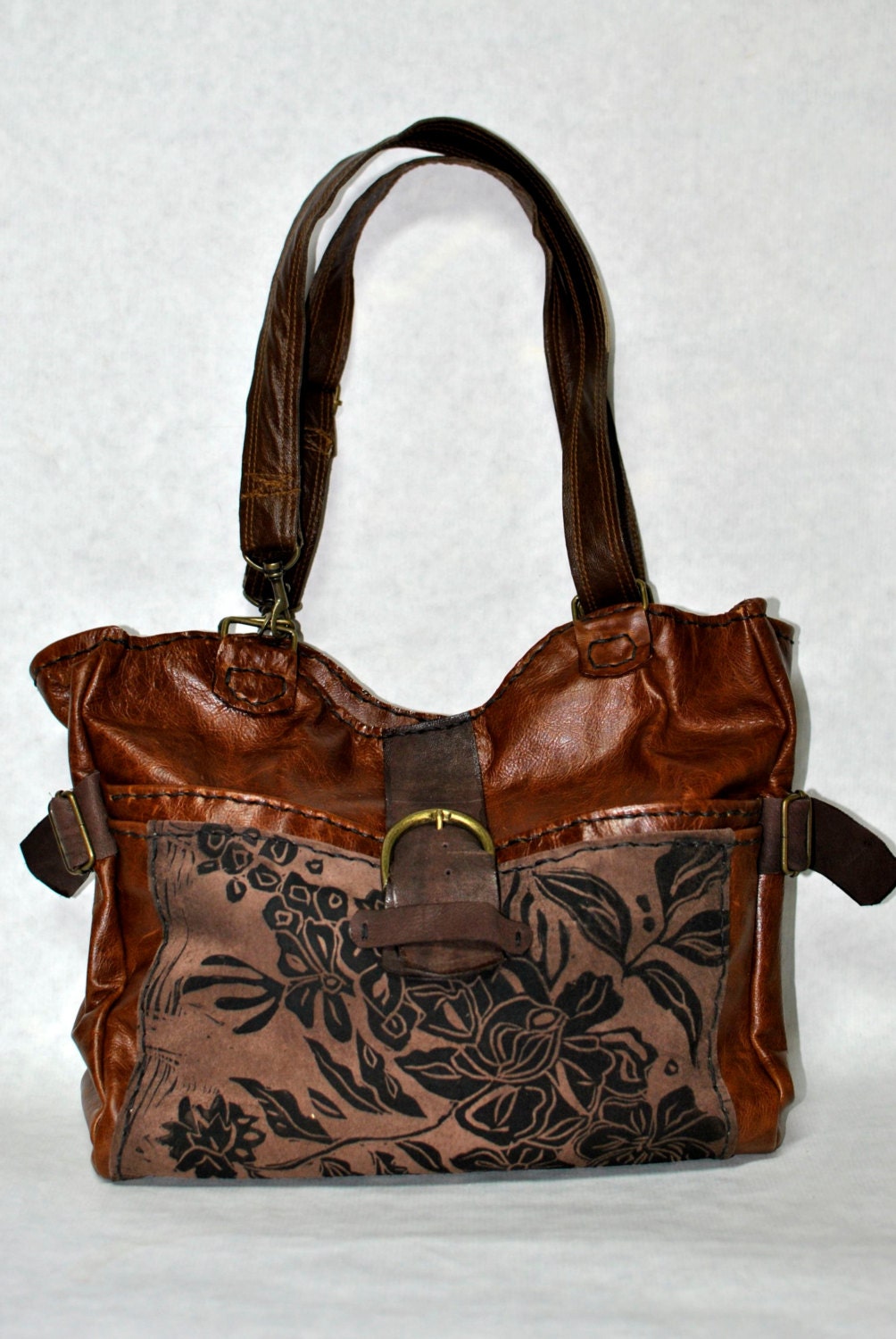 Printed Leather Chocolate Floral Convertible Tote