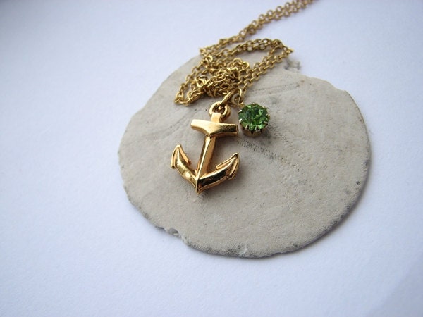 Gold Anchor Necklace Small  Green Crystal Drop