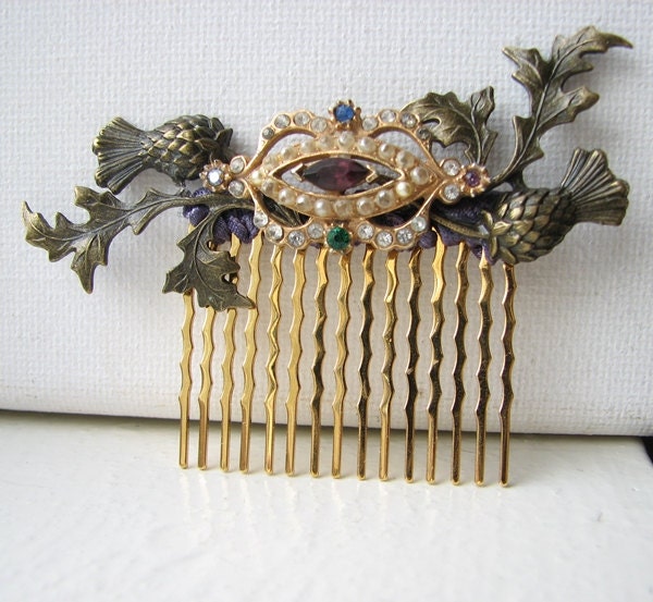 Gold Hair Comb Scottish Thistle Vintage Rhinestone