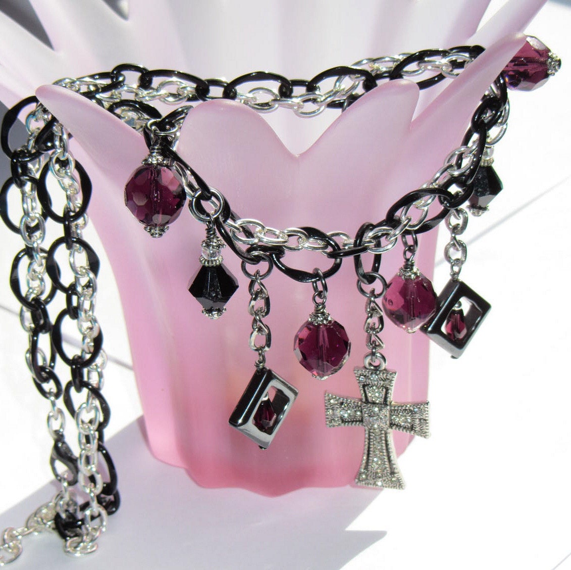 Gothic - MAYBE - Statement Cross necklace with purple faceted glass
