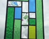 CLEARANCE STAINED GLASS - Green and Blue Abstract Stained Glass Window Panel Suncatcher
