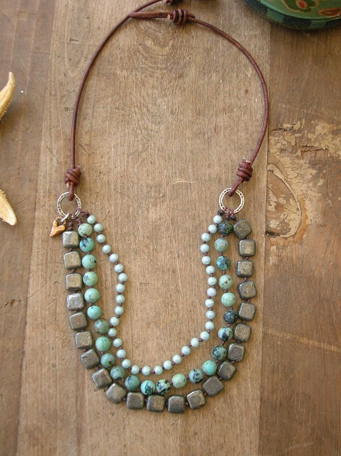 Boho statement necklace, turquoise necklace multi strand, artisan bronze, knotted, leather sundance, bohemian heart charm dangle