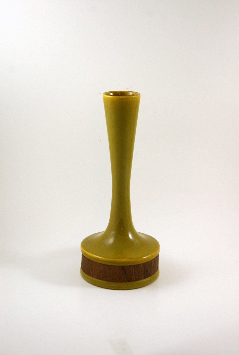 Olive Green Ceramic Vase with Teak Inlay