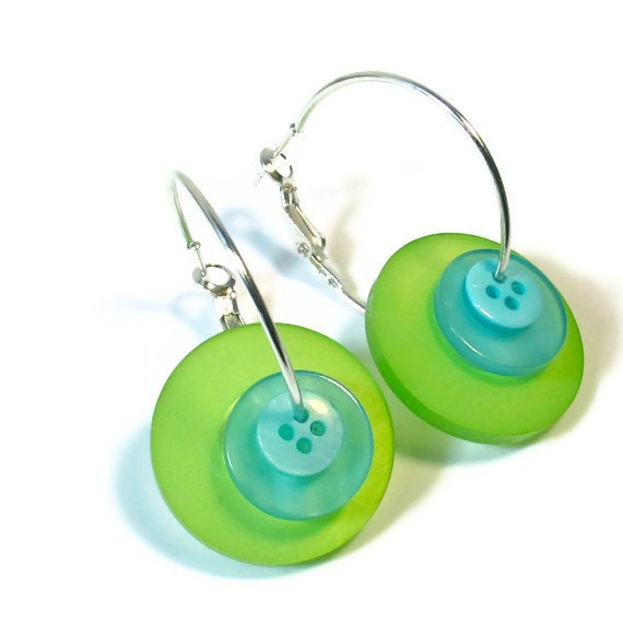 Turquoise Earrings, Lime Green Earrings, Button Jewelry