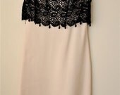 Vintage 60's Mod Cream Shift Dress with Black Lace and Rhinestone Details Sz. S/XS