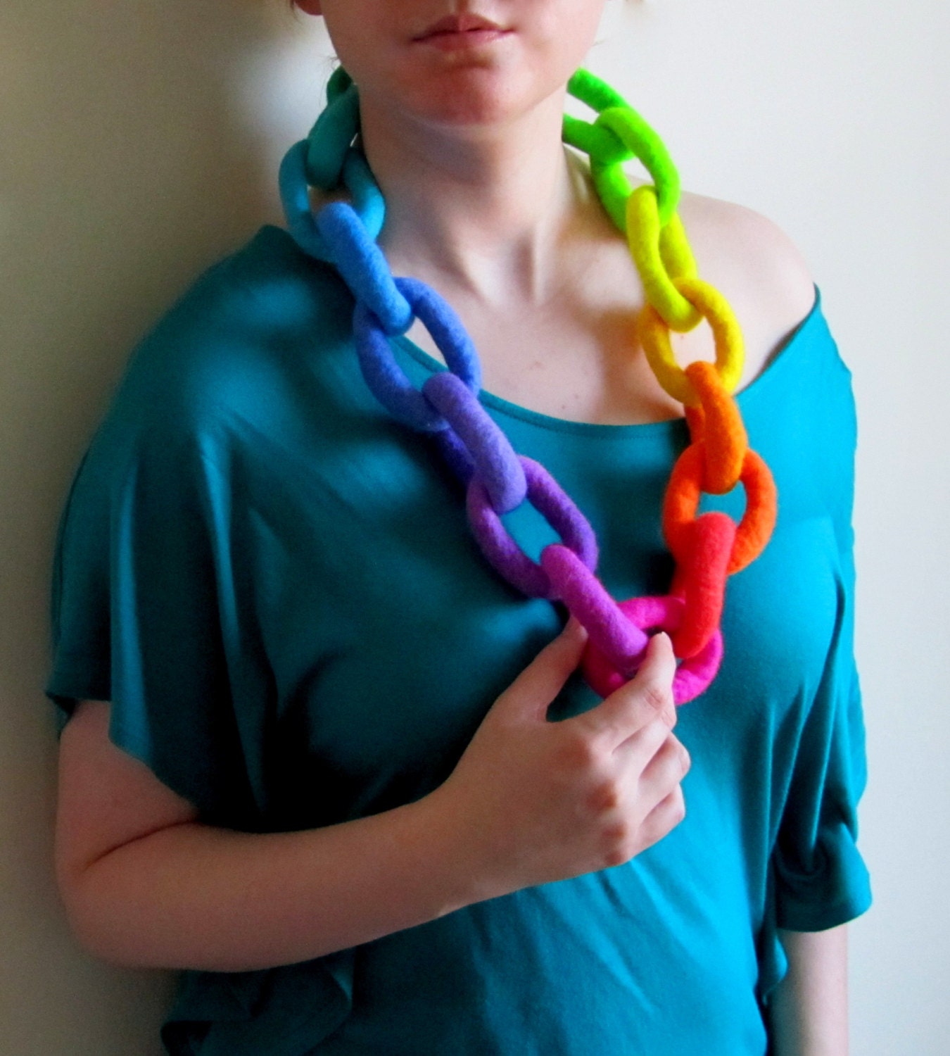 Felt Necklace. Neon Rainbow Necklace. Chunky Chain Felted Necklace. Handmade Felt Jewelry