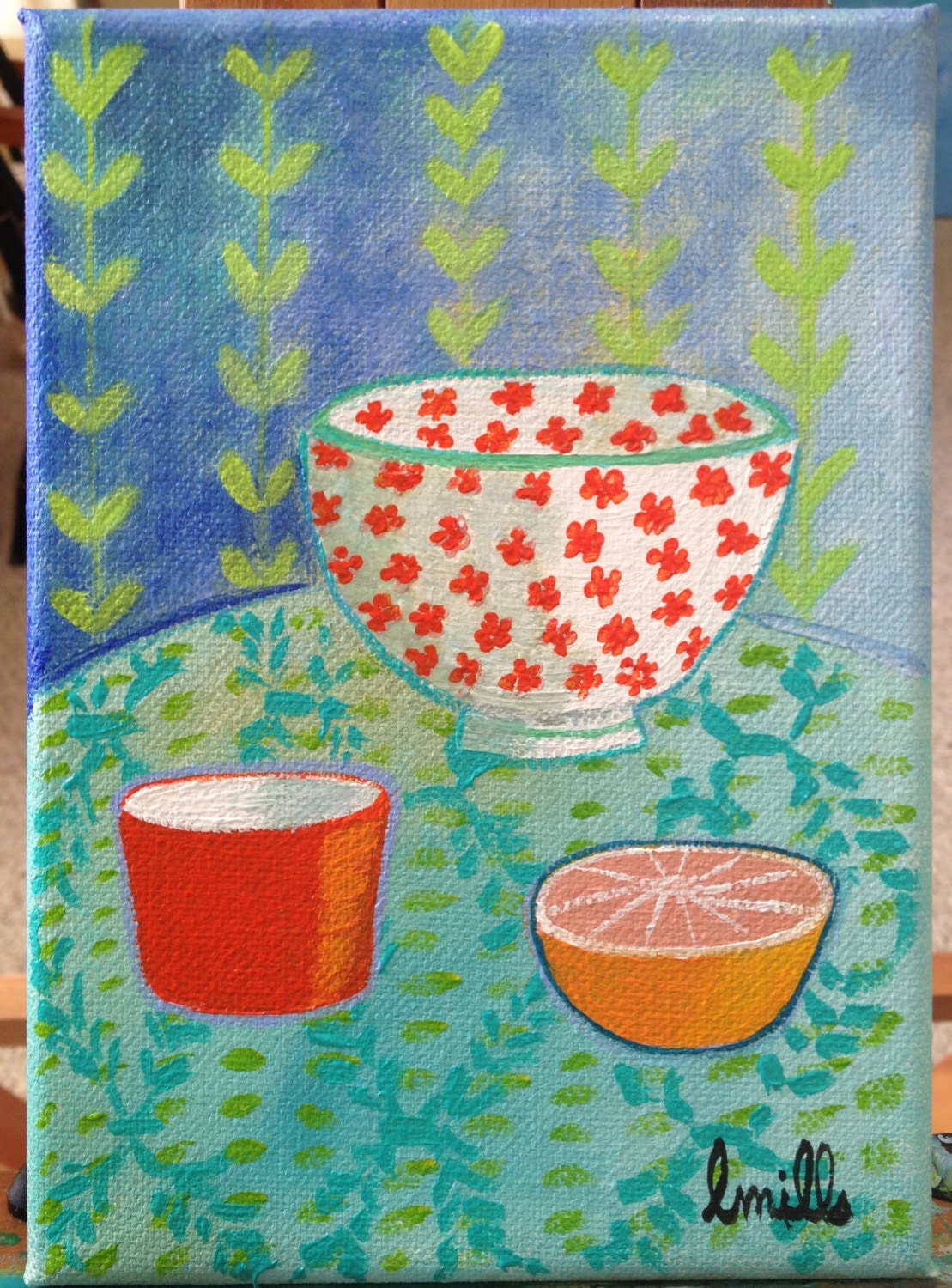 5x7 Painted Pottery No 11- original colorful folk art still life small painting kitchen table