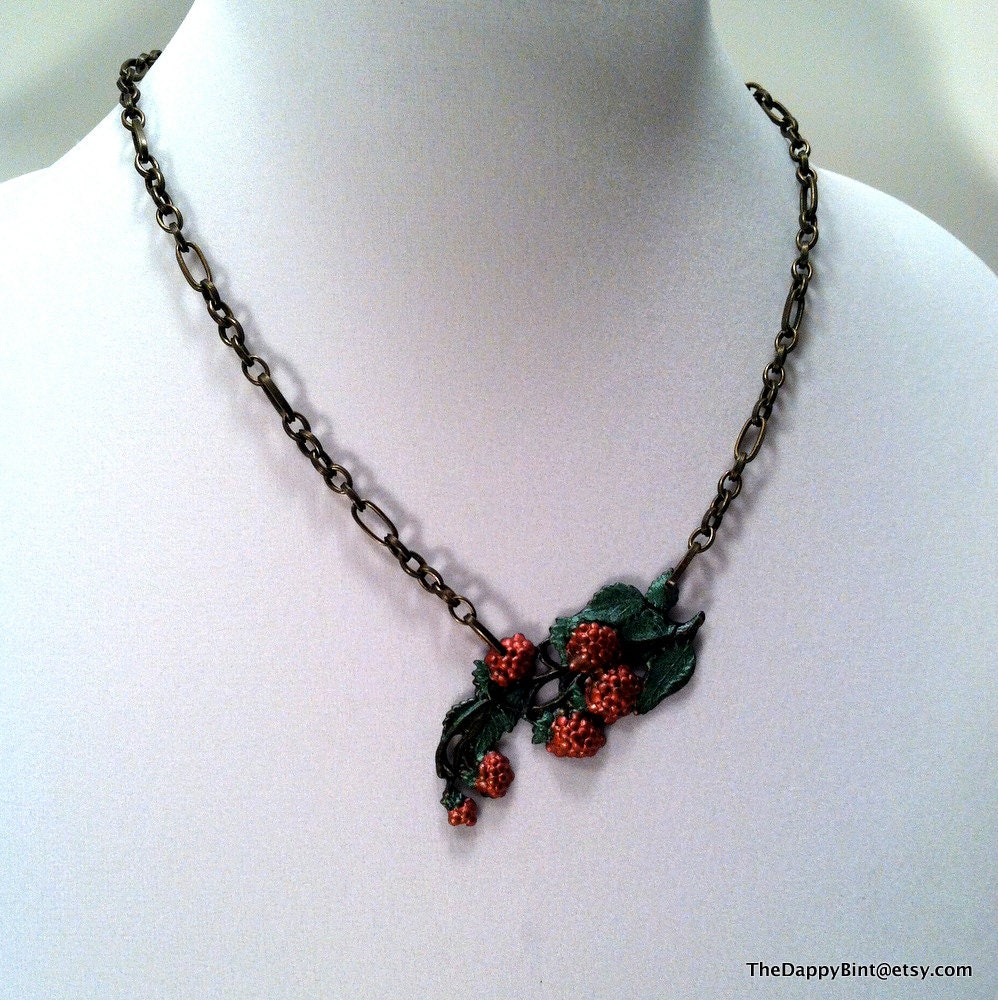 Raspberry Branch Necklace - Shimmering Hand Painted Berries - Luscious and LARGE