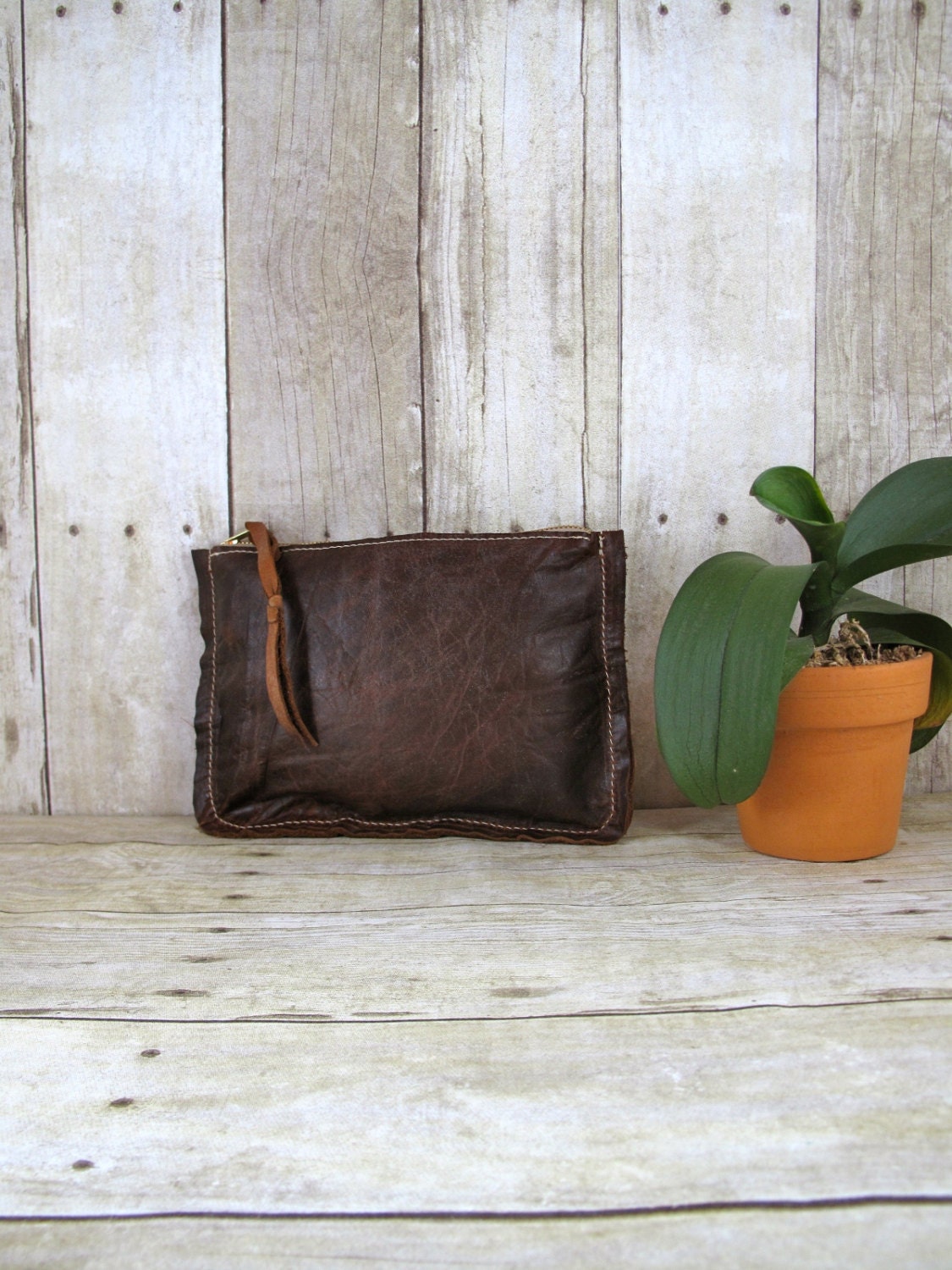 Waxy Brown Leather Clutch, Zipper Pouch, Make Up Bag, Distressed Leather Bag