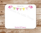 SET of 12 BIRDIE Bunting Banner Thank You Cards  :  bird, birdie, personalized stationery, note cards, gender color choices