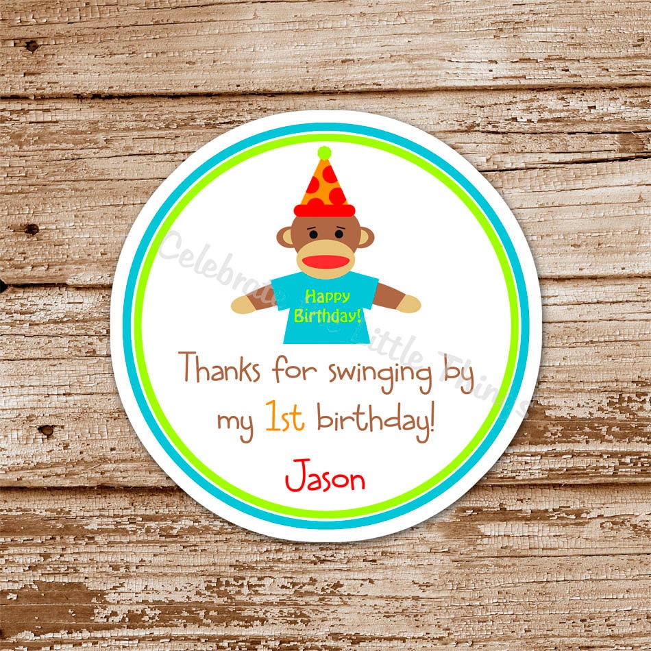 SET of 12 Sock MONKEY Birthday Favor Tags or Stickers Il_570xn