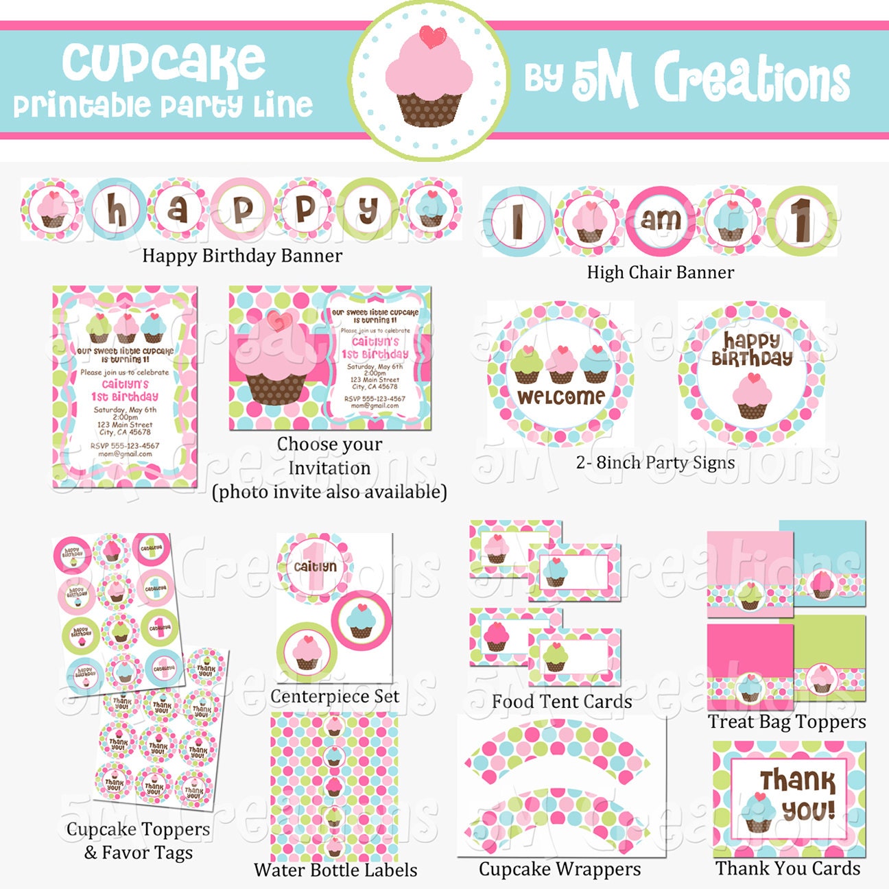 Cupcake Party Package - Cupcake Birthday Party Decorations - Cupcake Printables - Polka Dot Birthday Banner