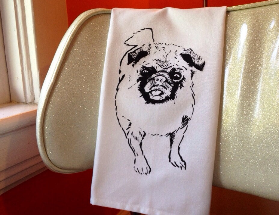 Tea Towel. Pug. Hand Screen Printed.
