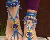 Yellow TRIBAL LOTUS BAREFOOT sandals beach Yellow Wedding blue anklet hippie yoga Dance foot jewelry bohemian shoes made to order