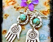 HEALING HAND Earrings Hamsa Hand Fatima Earrings Hippie Earrings Gypsy earrings silver turquoise Spiral