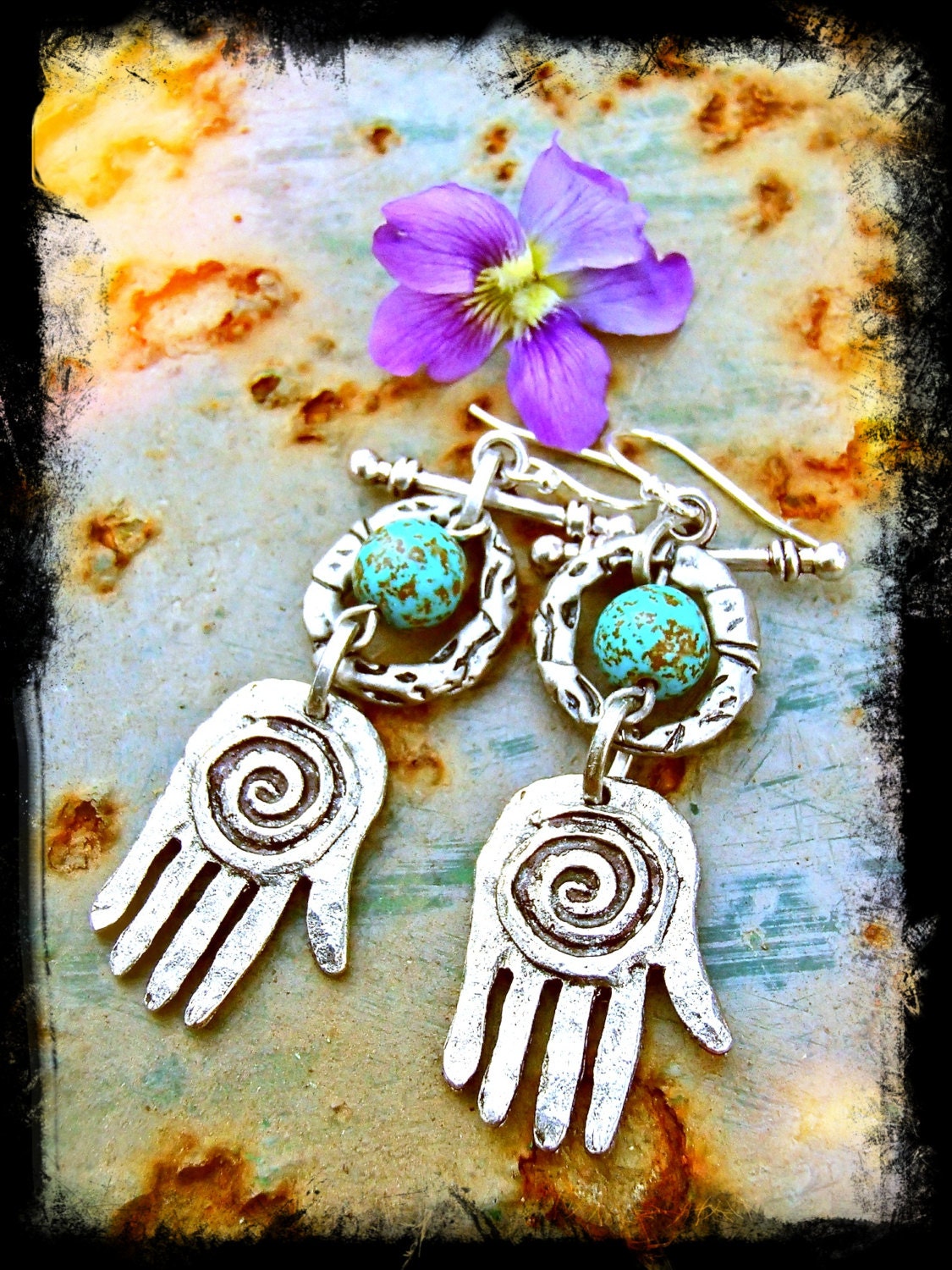 HEALING HAND Earrings Hamsa Hand Fatima Earrings Hippie Earrings Gypsy earrings silver turquoise Spiral