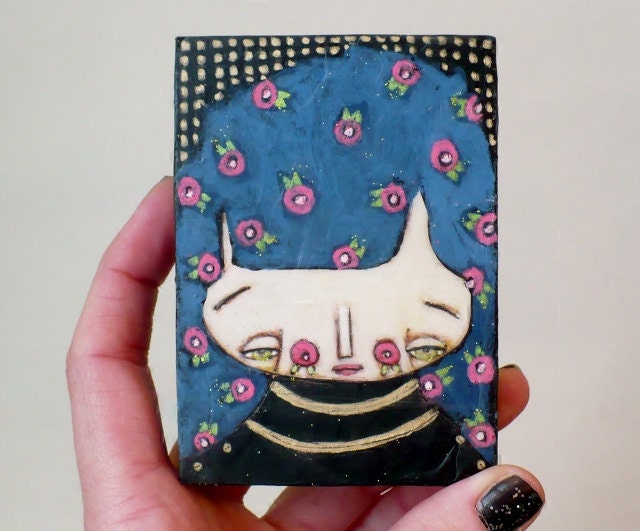 acrylic rosy red cheeks painting girls ACEO folk art bees wax blue hair wall art mixed media painting blue pink gold green