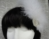 White Feather Hair Clip / Brooch - Bridal - Ostrich n Marabou with gold lace ribbon, Pearl and Sequin Fascinator