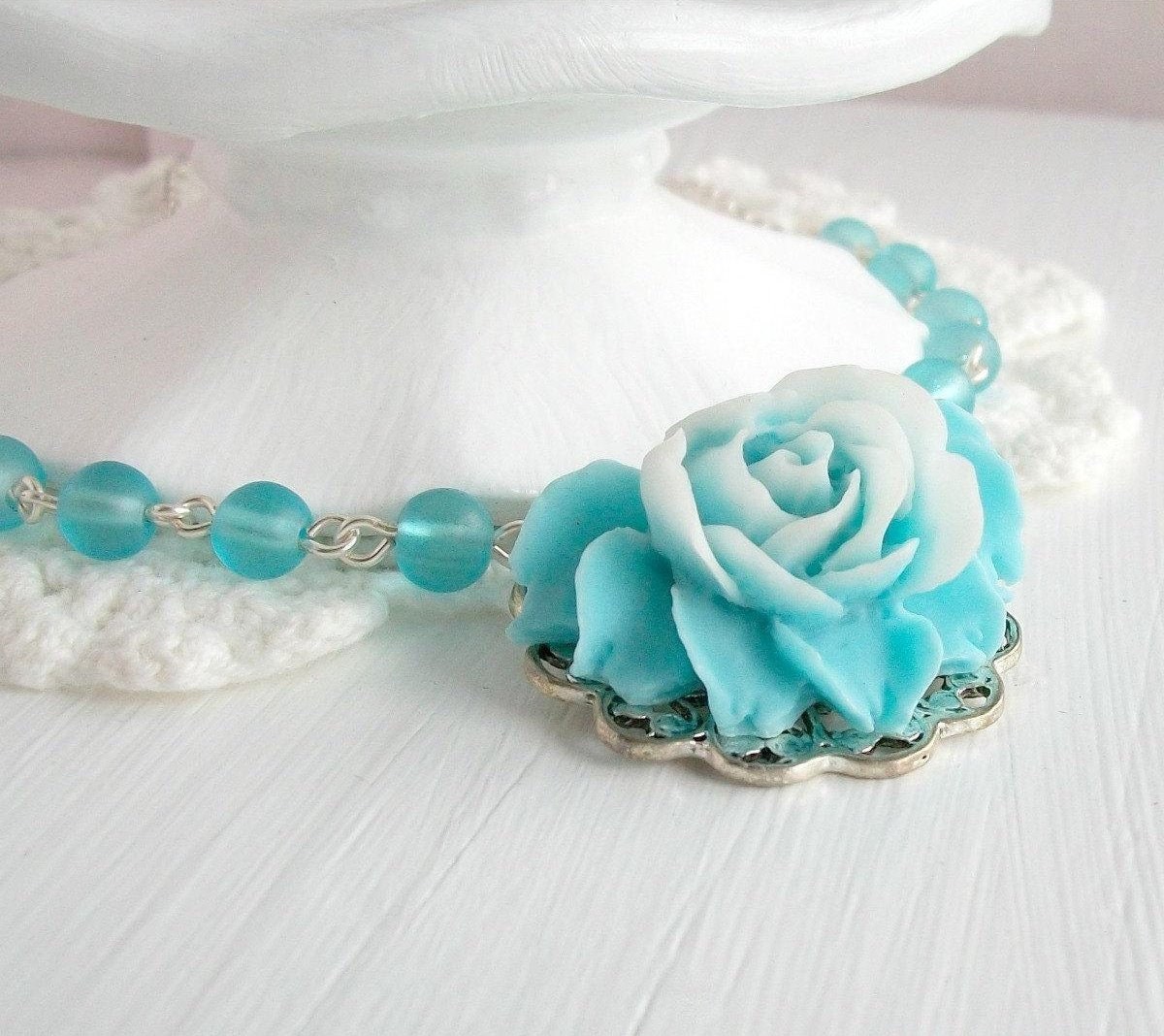 Beaded Flower Necklace. Caribbean Blue Rose Pendant. Vintage Inspired Jewelry.