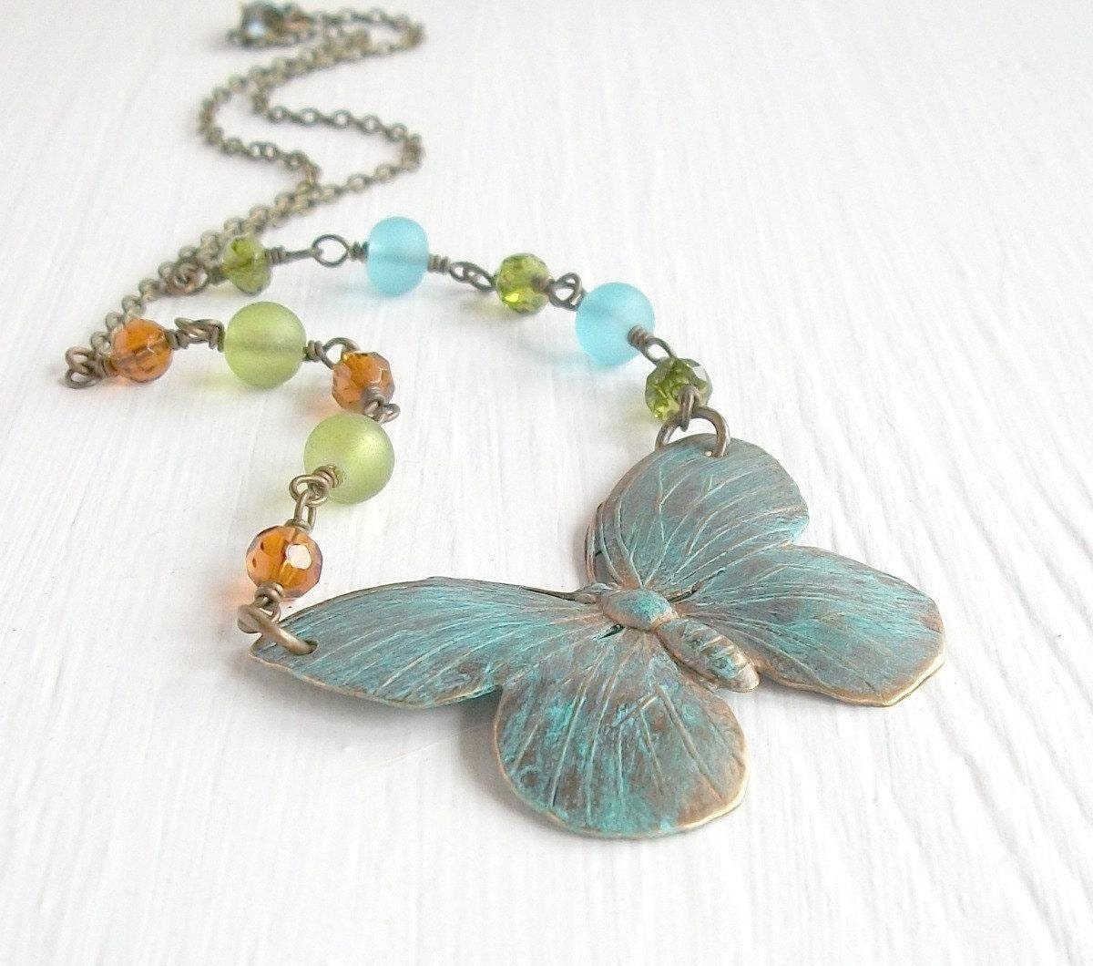 Beaded Butterfly Necklace Verdigris Patina Vintage Inspired Insect Pendant Rustic Womens Jewelry Antique Brass Blue Green Brown