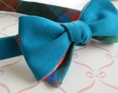 Peacock Teal Bowtie with Plaid Reverse-Self Tying and Adjustable