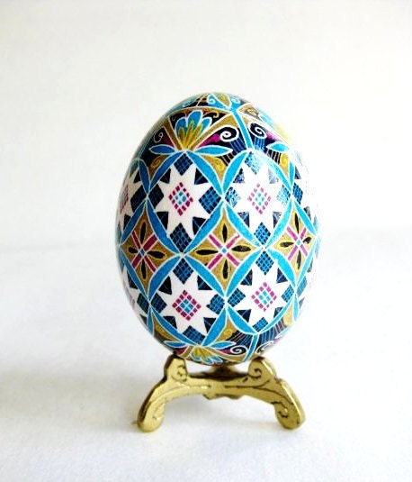 Blue Pysanka, batik egg on chicken egg shell, Ukrainian Easter egg, hand painted egg