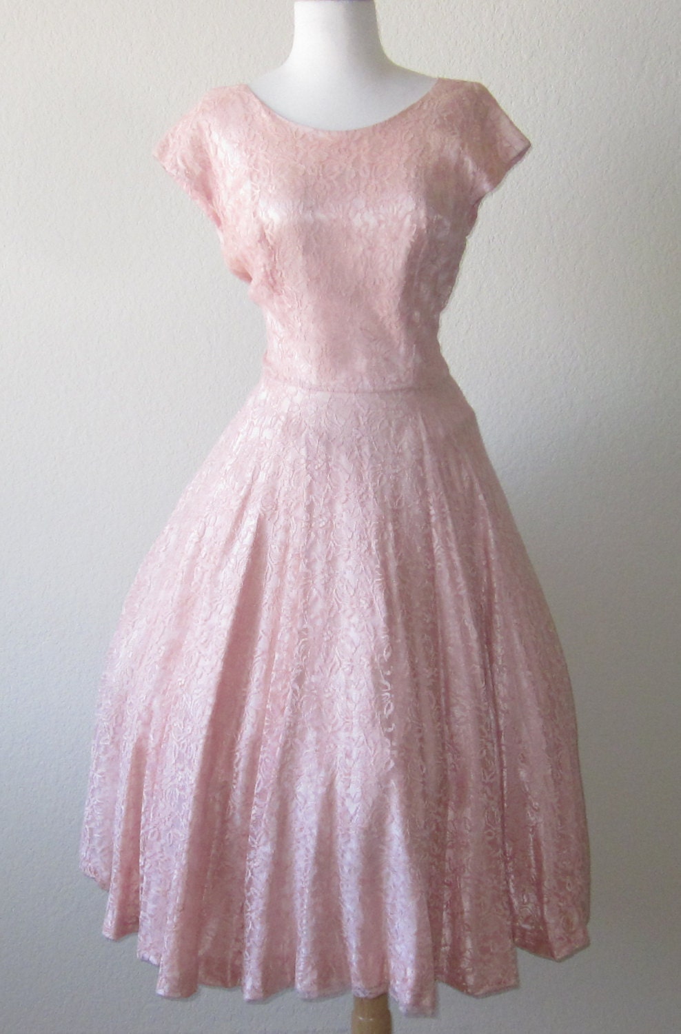 Vintage-1950s-Dress-Lace Dress-Pink Dress-Rockabilly-Party Dress-Madmen-S