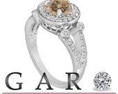 18k White Gold 1.54 Carat Certified Champagne & White Diamond Unique Halo Engagement Ring Split Shank HandMade