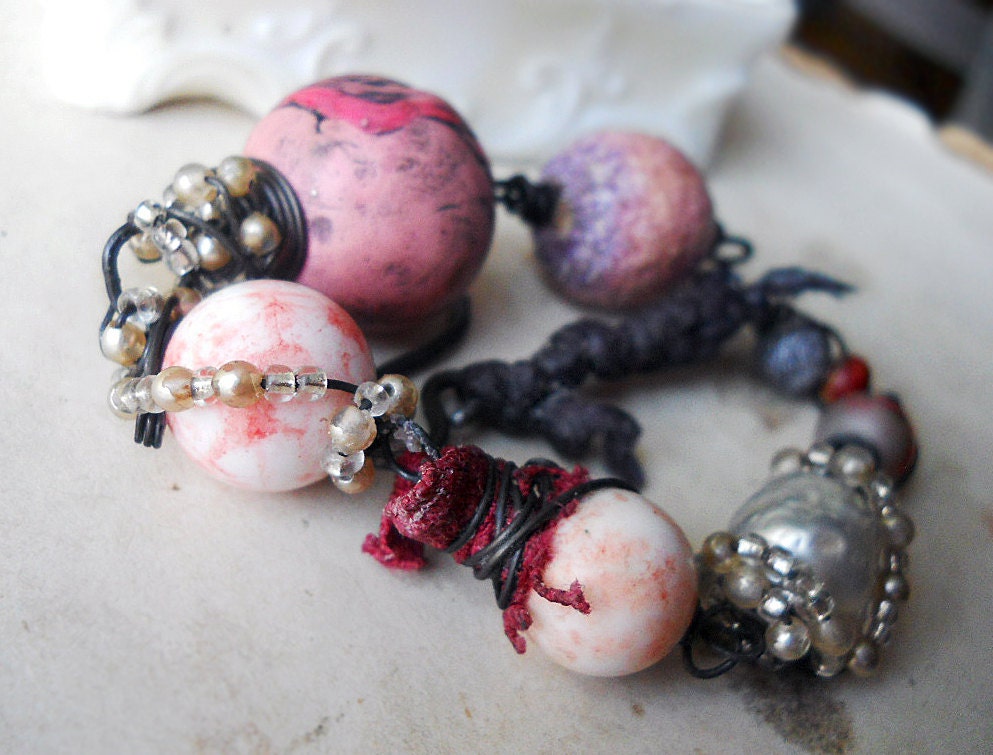 Beaded Bracelet - Polymer Clay Beads, Vintage Baroque Pearl, Vintage Plastic, Altered Hemp Macrame - Fiber and Bead Wire Wrap