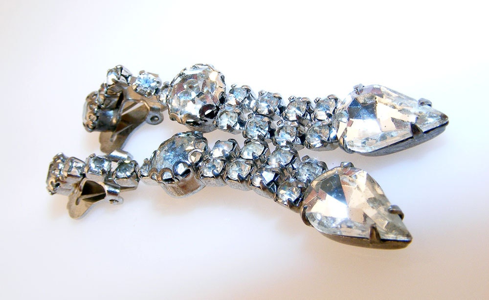 Vintage Rhinestone Earrings Long Dangle Clear Clip On Bride Prom
