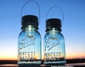 Unique Gripper Mason Jars 2 Ball Antique Ribbed Jars with Solar Light Lids, Hanging Solar Outdoor Garden Lanterns