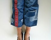 Size 18 Cato upcycled wide leg jeans, cropped on tall woman patches hippie eco fashion free people like denim festival spring light