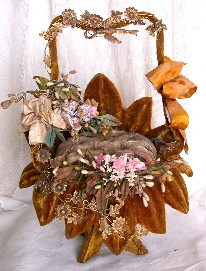 Antique French Velvet Wedding Display Basket